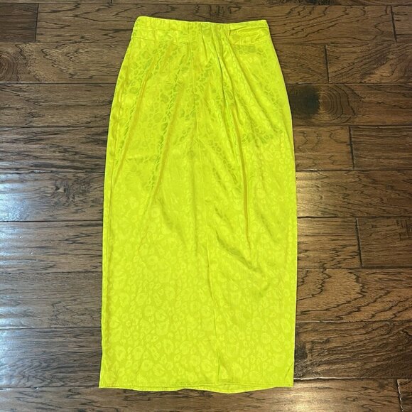 New York & Co NYCO Leopard Satin Midi Skirt Size 4 Neon Green Yellow Small 29W - Picture 9 of 16